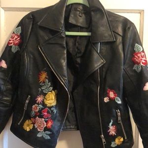 Flower Faux Leather Biker Jacket